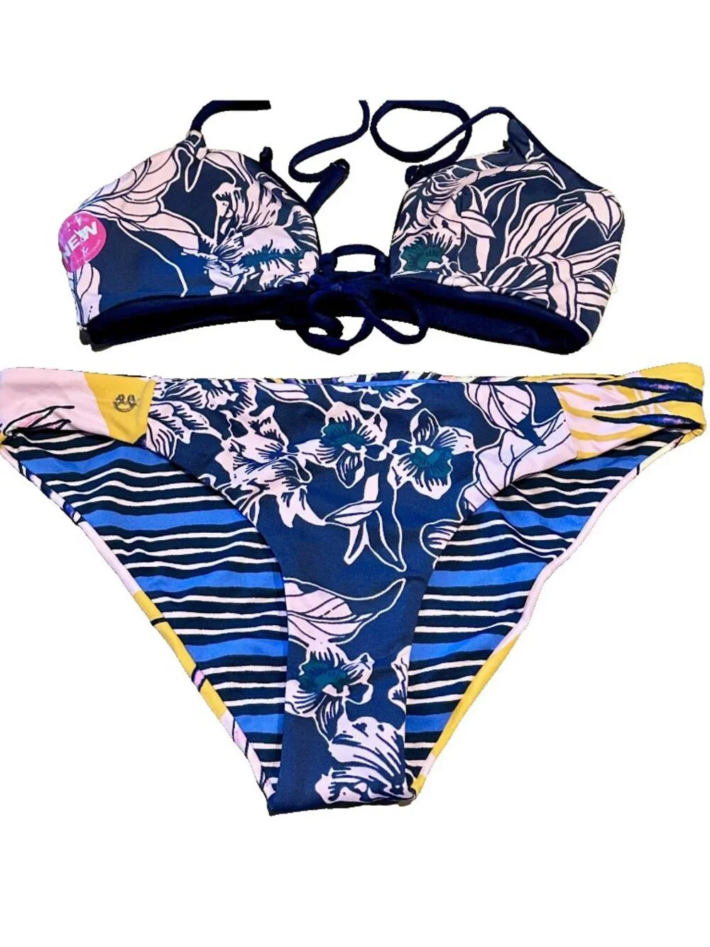 Maaji  Navy Lace up Top 4-way Reversible Small Bikini Set + gift  Womens